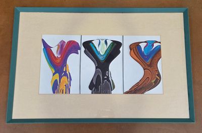 painting of three different types of shoes in a frame on a table