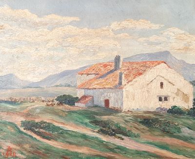 an image of a painting of a white house in a field