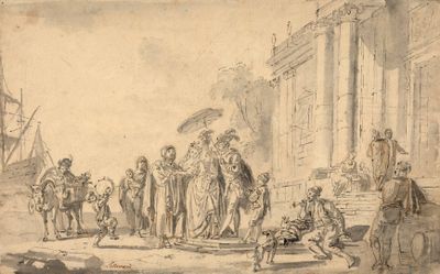 un vieux dessin représentant un groupe de personnes debout devant un bâtiment