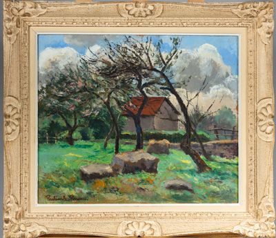 une image représentant une maison peinte dans un champ d'herbe