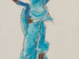 drawing of a woman in a blue dress with a straw hat on her head