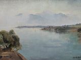 painting of a view of a body of water with mountains in the distance
