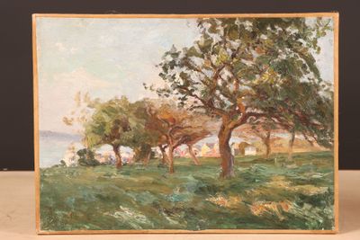 une peinture à l'huile représentant des arbres dans un champ, avec un lac en arrière-plan