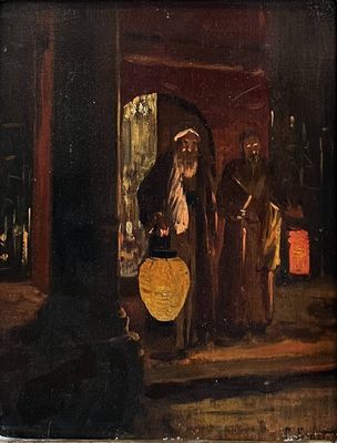 tableau représentant un homme debout devant une porte, tenant un parapluie jaune