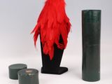 a red feather on a mannequin head next to other items