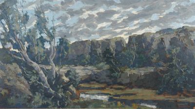 une peinture d'un paysage avec une rivière au premier plan
