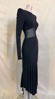 the dress is black and has long sleeves and a belt on the waist