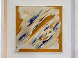 an abstract painting of a yellow and blue stripe in a white frame