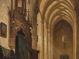 an image of a painting of a church with a man sitting on the pews