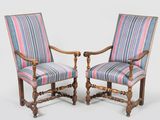 pair of early 20th century walnut armchairs with striped upholstered upholstered seats