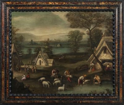 tableau représentant une scène de village avec des moutons et des personnages au premier plan
