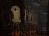 une image représentant un tableau d'une ville la nuit, avec des gens dans la rue