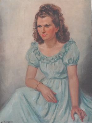tableau représentant une femme en robe bleue assise sur une chaise