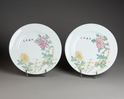 paire d'assiettes en porcelaine chinoise ornées de fleurs et d'oiseaux