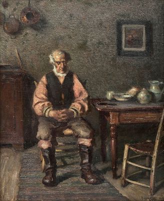 tableau représentant un vieil homme assis sur une chaise dans une pièce
