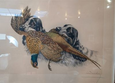 tableau représentant deux chiens et un faisan, avec un faisan au premier plan