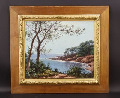 un tableau représentant un paysage avec des arbres et un plan d'eau