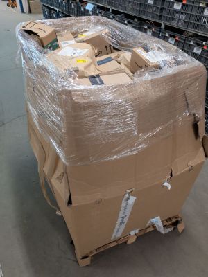 a large cart with boxes on it in a warehouse