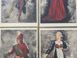 four paintings of people dressed in medieval clothing are hanging on a wall