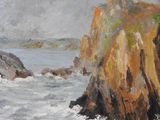 a painting of a man standing on a cliff by the ocean