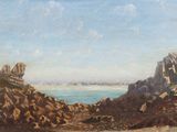 an oil painting of a rocky beach with rocks in the foreground and a body of water in the distance