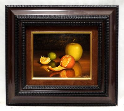 painting of a still life of an orange and an apple on a table