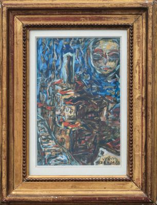 an oil painting of a man in a hat and glasses