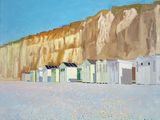 tableau représentant une rangée de cabines de plage devant une falaise