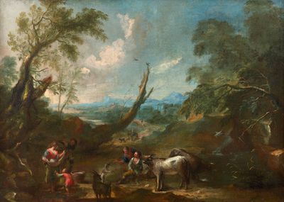 un tableau représentant un groupe de personnes et d'animaux dans un environnement boisé
