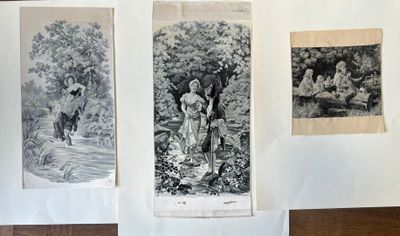 three black and white pictures of people in a garden on a wall