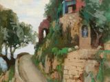 tableau représentant une route de campagne avec une maison et des arbres de chaque côté de la route