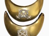 pair of brass plated collars with crest and crossed swords