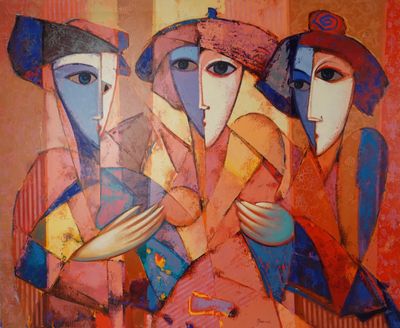 tableau représentant trois femmes portant des chapeaux et tenant un éventail à la main