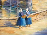 tableau représentant trois femmes debout sur un pont, regardant l'eau