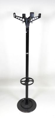 black metal coat stand with a black base and a white background
