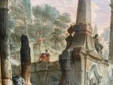 a painting of a group of people sitting on a wall