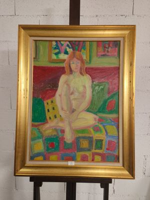 une peinture représentant une femme assise sur une chaise