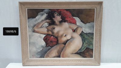 a painting of a nude woman laying on a bed