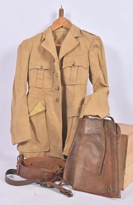 a tan jacket and a brown bag sitting on a table