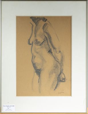 drawing of a nude woman in a white frame with a brown background