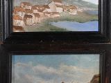 two paintings of boats on a beach with a mountain in the background