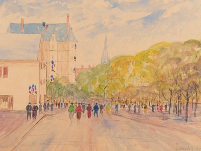 a painting of a city street with people walking on it