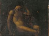 un vieux tableau représentant un homme nu assis sur une chaise