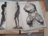 three drawings of a man standing on a skateboard