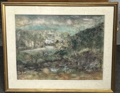 une image d'un tableau représentant un paysage dans un cadre doré