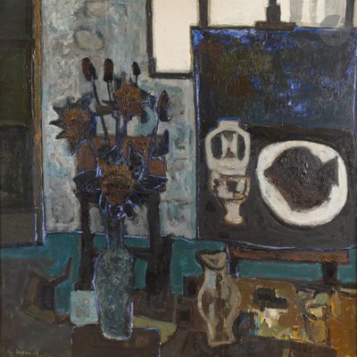 une peinture représentant un vase avec des fleurs sur une table