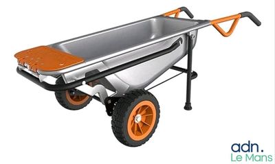 a close up of a wheelbarrower with orange wheels on a white background