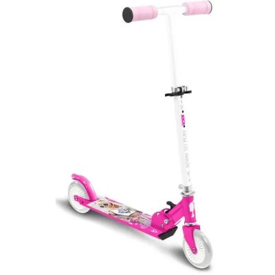 a close up of a pink scooter on a white background