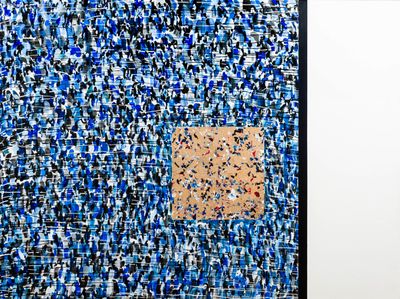 a picture of a blue and white painting with a square on it