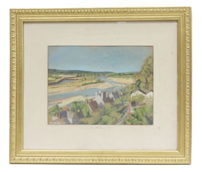 l'image d'un tableau représentant un paysage avec une rivière au premier plan